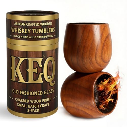 KEQ Charred Wooden Bourbon Drinking Glass | Old Fashioned Glass | Thoughtful Bourbon Gifts for Men,Boy Friend,Husband or Father | Ideal for Camping,Patio BBQs & Home Bar（2 Pack,11 oz）