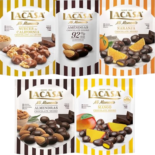 Lacasa Mi Momento pack de 5:Almendra 92% 65G,Nueces Leche 115G,Almendra choco Negro 125G,Naranja choco Negro 125G,Mango choco Negro 115G