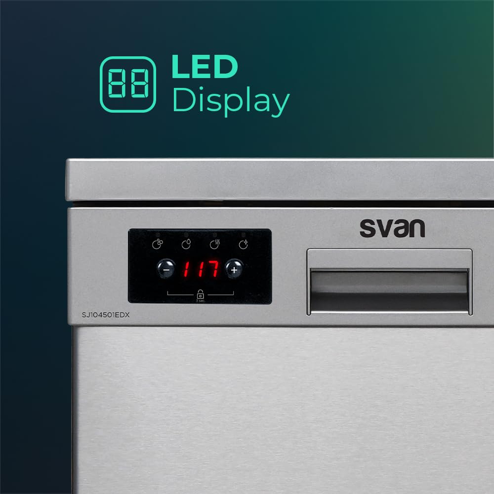 Svan Lavavajillas Inox, Libre Instalación, SJ104501EDX. 10 Cubiertos, 2 Bandejas, 6 Programas, Control Electrónico, Función Stop&Go, Eficiencia Energética Clase E