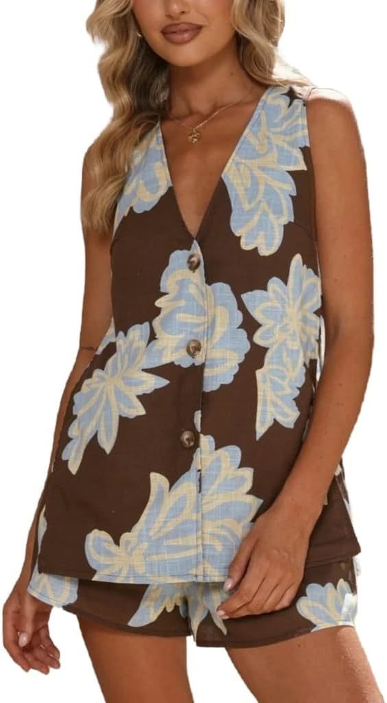 Women Two Piece Outfits Floral Printed Linen V Neck Sleeveless Vest and Shorts Sets Casual Vacation Beach Outfits