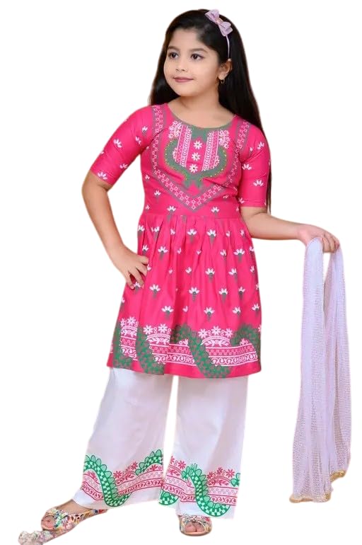 Image of Girls' Traditional Printed Kurti with Palazzo and Dupatta Set, Pink and White, Floral Design