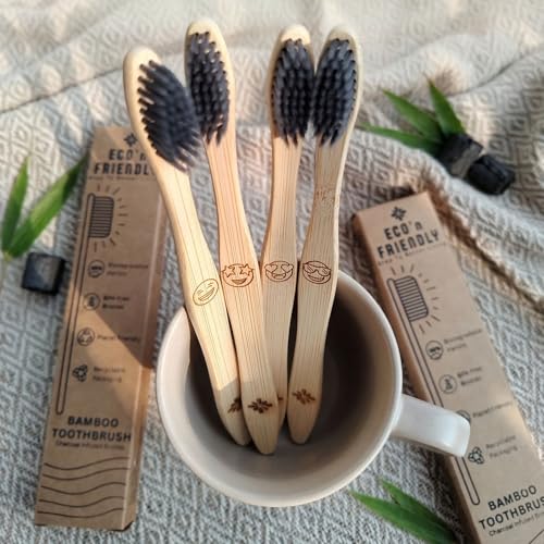 Image of ECO'n FRIENDLY Bamboo Toothbrush for Adults | Charcoal Infused BPA-Free Bristles | Emoji for Easy Identification | Biodegradable Handle | Pack of (4)