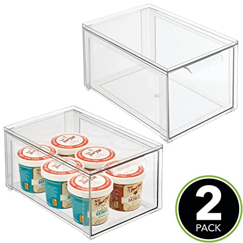 Mdesign Plastic Stackable Kitchen Storage Organizer Bins With Pull Out Drawer For Cabinet, Pantry, Fridge, Freezer, Shelf, Refrigerator Organization - Lumiere Collection - 2 Pack - Clear #TOP1