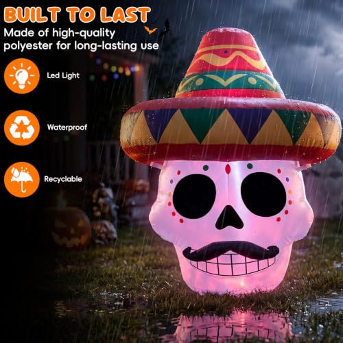 4.5FT Halloween Inflatable Day of the Dead Sugar Skull Sombrero with LEDS - image 6