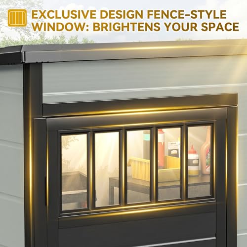 Image of DWVO 5x3FT Outdoor Storage Shed with Fence-Style and Side Windows, Floor, Lockable Doors, Plastic Storage for Backyard and Garden, Blue-Gray