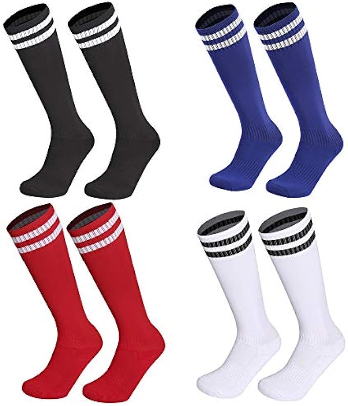 Kids Youth Soccer Socks, 4 Pack Knee High Striped Tube Athletic Socks For Boys & Girls
