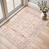 Tapete vintage 2х3, suporte antiderrapante, lavável, resistente a manchas, supermacio, envelhecido, tapete persa, ideal para áreas de alto tráfego no quarto, sala de estar, cozinha, entrada rosa