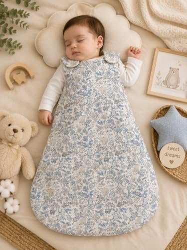 Image of TuddyBuddy Baby Cotton Wearable Quilted Sleeping Bag Blanket 1.5 Tog with 1 Way Zipper Closure | Ideal for Babies & Kids Hypoallergenic Fabrics | (Fairy in Jungle - Blue & Beige, 6-12 Months)