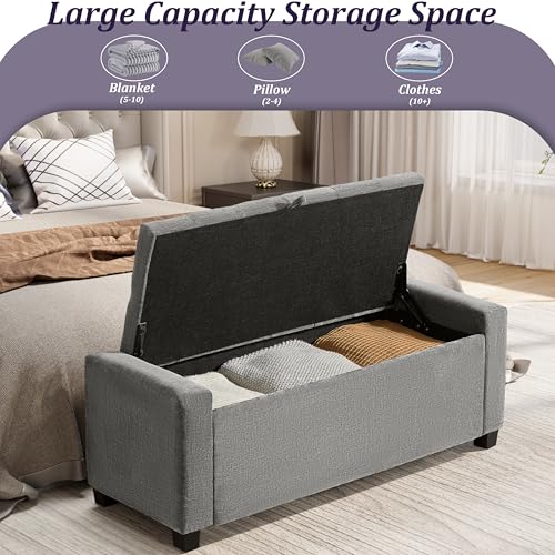 Royal Windsor Ottoman with Storage,Upholstered Tufted Bench with Safety Hinge,Holds up to 350 lb,Entryway Bench with Seating for Bedroom, Living Room,Linen Light Gray