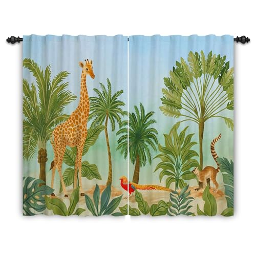 ggaimwf Cortinas Safari para guardería Pájaro Jirafa de la Selva Palmeras Estampado Animal Cortina de Ventana Bolsillo para Barra Familia Dormitorio Infantil Cortina Divisoria 117x183cm 2 Paneles