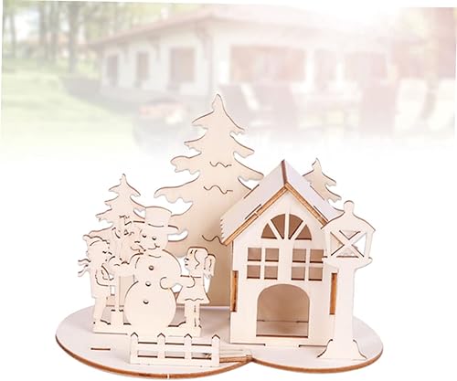 Miniatura 6 de Totority 4 piezas de madera para manualidades, casa de Navidad, rompecabezas de madera para mesa de Navidad, rompecabezas de Navidad para niños