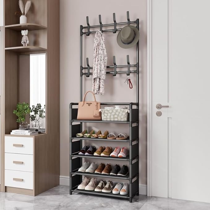 Shoe Rack 5 Tier Shelves,Entryway/Walk in Cloest Organizer Storage for Coat, Shoes Racks Front Door Entrance, Free Standing Shelf Furniture, Samll Spaces Shoerack, Bedroom Closets Organizers, Black