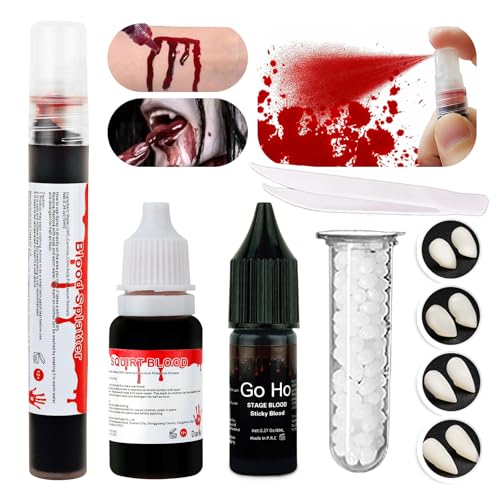 Go Ho Halloween Vampire Fangs Teeth Makeup and Fake Blood Kit,4 Pairs Vampire Fangs 4 Sizes Fake Teeth+ Fake Blood Spray+ Sticky Blood+ Dripping Blood for SFX Cosplay Makeup