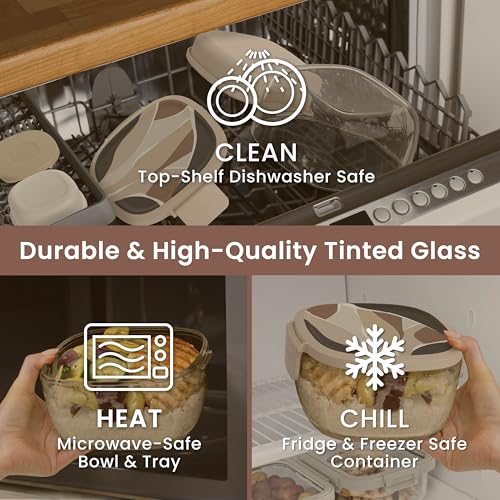 Image of Bentgo Glass Prints Salad Container - 7.6-Cup Tinted Glass Salad Bowl with Airtight Lid, Leak-Proof Sauce Container, 4-Compartment Bento Meal Prep Tray & Reusable Fork (Inky Abstract - Neutrals)