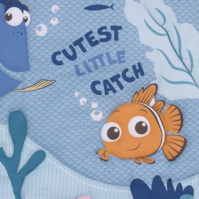 Disney Finding Nemo Cutest Little Catch Light Blue, Orange, and Navy 3 Piece Nursery Crib Bedding Set - Comforter, Fitted Crib Sheet, and Crib Skirt