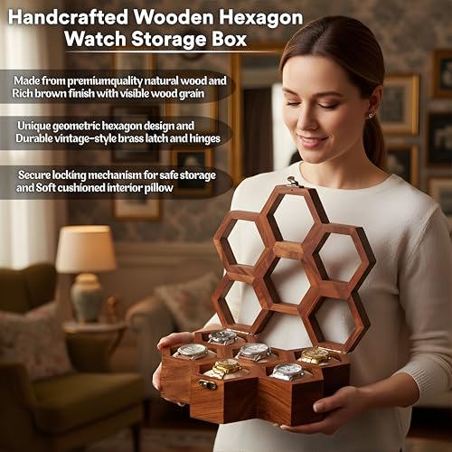 Image of Premium Wooden Watch Box for Men & Women | 6-Slot Honeycomb Watch Storage Case with Soft Cushions | Elegant Watch Organizer & Gift Box