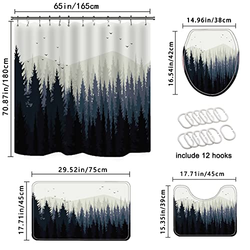 Blmiflwe 4 Piece Rustic Mountain Forest Scenery Shower Curtain Sets With Non-Slip Rug,Toilet Lid Cover,Bath Mat,12 Hooks,Shower Curtains For Bathroom Rug Set,Camper Rv Shower Curtain,71''Long #TOP5