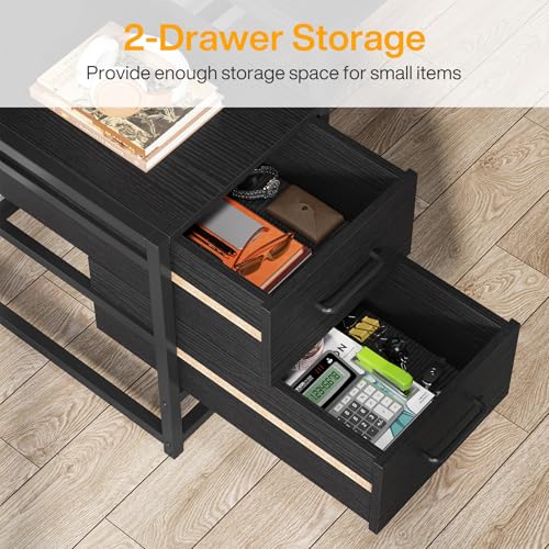 Image of Tribesigns 55 Inch Computer Desk with 2 Drawers and Storage Shelves, Rustic Office Desk with Hutch, Study Writing Gaming Table Laptop Workstation for Home Office (Black)