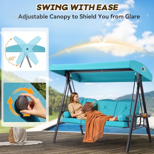 Image of 3 in 1 Outdoor Porch Swing with Adjustable Canopy, 3 Seat Outdoor Swing for Adults, Patio Swing Chair with Thickened Cushions,Pillows & Cup Holders for Backyard, Porch, Garden (Lake Blue)