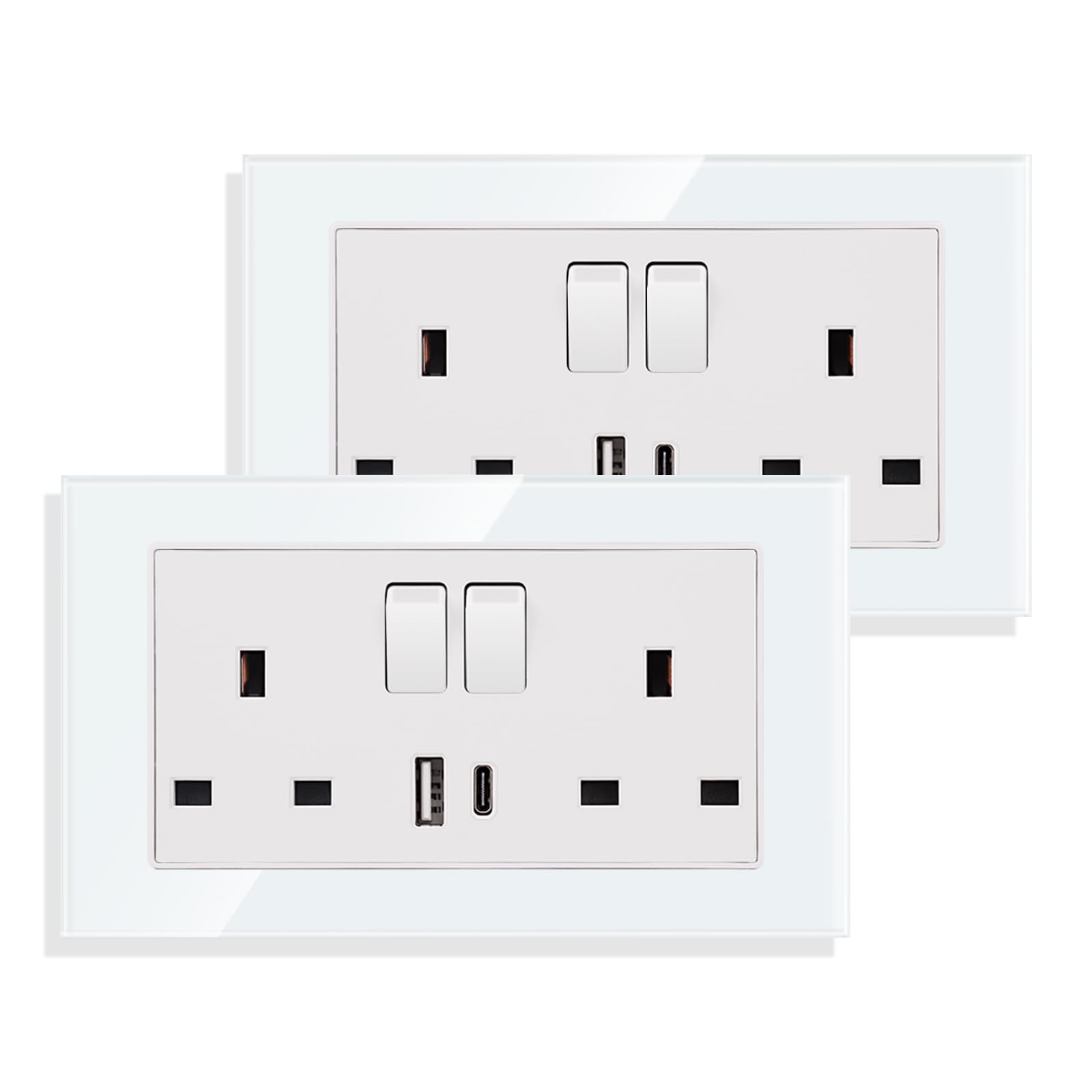 2 Pack White Double Switched Socket 13 Amp Glass Panel with USB-A And Type-C Charging Ports Crystal Wall Outlet Electric Power Socket
