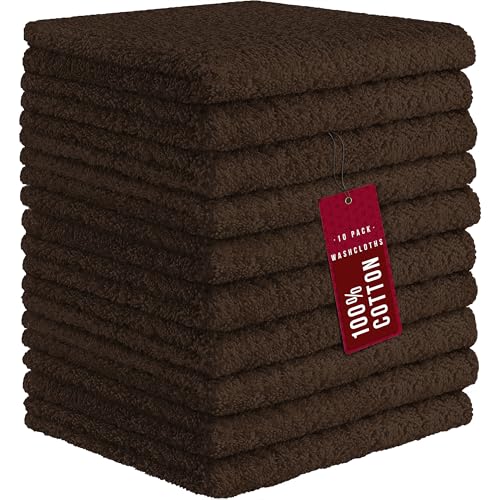 Image of DecorRack 10 Pack 100% Cotton Wash Cloth, Luxurious Soft, 12 x 12 inch Ultra Absorbent, Machine Washable Washcloths, Coffee (10 Pack)