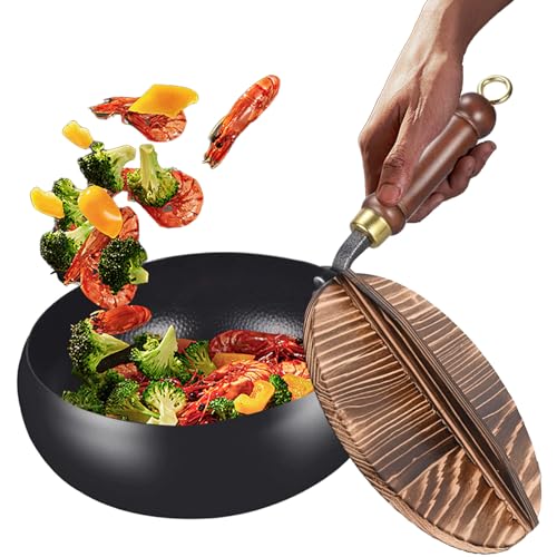 Poupangke Sartén Antiadherente, Sartén De Hierro Tradicional, Diseño Ergonómico Sin Recubrimiento Con Tapa - Para Uso En Hogar, Exteriores, Restaurantes Y Camping