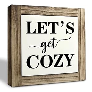 Inspirational Wood Signs, Box Wood Plaques Desk Décor, Farmhouse Home Decor Sign for Shelf, Family Table Decor for Kitchen Bedroom Dining Room, Living Room Decor, Housewarming Gift, Let’s Get Cozy