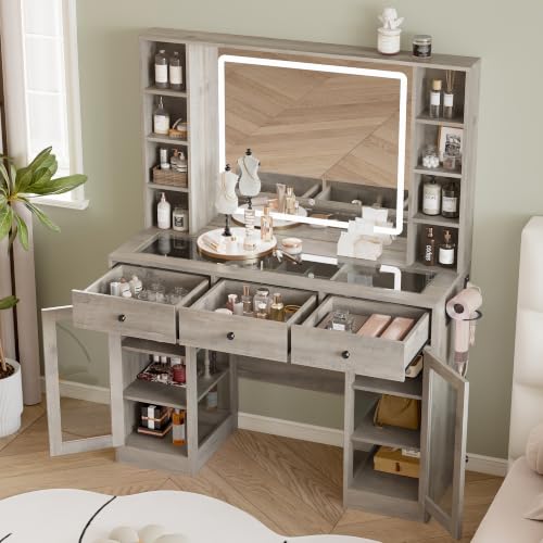 Image of Makeup Vanity Desk with Mirror and Lights, 43 inch Grey Vanity with Glass Top, Jewelry Storage, 3 Drawers & Glass Cabinets, Power Outlet & Adjustable LED Lights, Dressing Table for Women & Girls Bedroom
