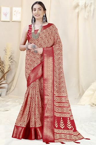 Image of MIRCHI FASHION Women's Cotton Blend Bagru Batik Blocks Printed Saree with Blouse Piece