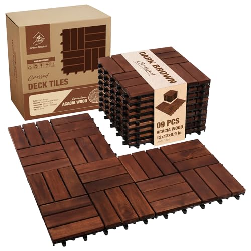 Acacia Wood Interlocking Deck Tiles, 9 PCS 12"x12"x0.9" Patio Flooring,
