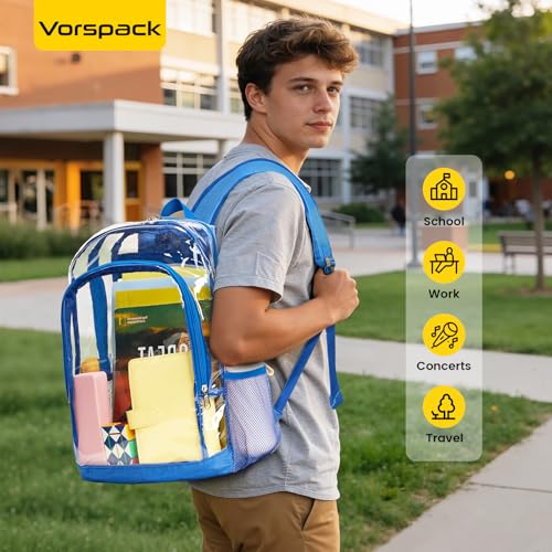 Image of Vorspack Clear Backpack for School, 16 inch Large Clear Bookbag - Blue | See Through Transparent Backpack for Girls Boys, 17L Large Capacity, PVC Materials, Padded Straps, Ideal for College, Work