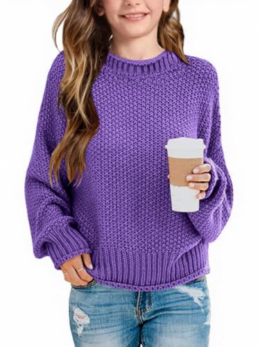 Girls Crew Neck Sweaters 2026 Fall Winter Teen Tops Cozy Knit Trendy Kids Long Sleeve Cute Shirts Casual Outfits Purple