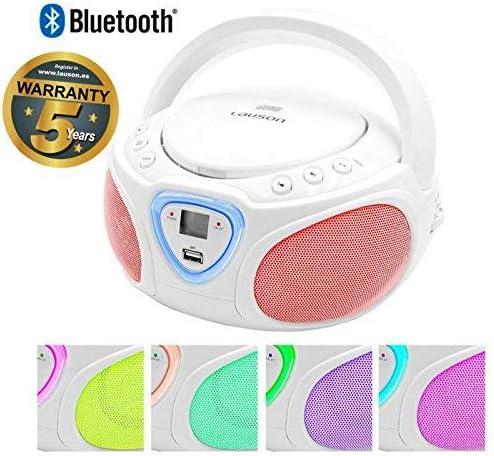 Lauson CP751 Portable CD Player Multicolor Led Digital FM Radio, LCD Screen | USB Reader to Play MP3 Music | CD Player with Headphone Output (White Bluetooth)