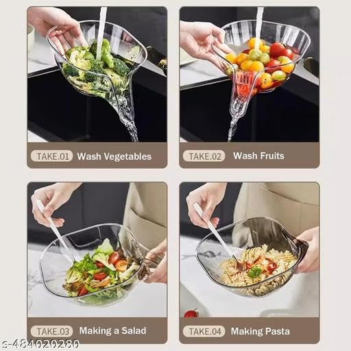 Upsilon - Pack of 2 Plastic Thick Rice, Vegetable Bowl Storing and Strainer, Washing Bowl for Rice, Fruits, Vegetables, Noodles, Pulses, Cereal (White - Grey) 1