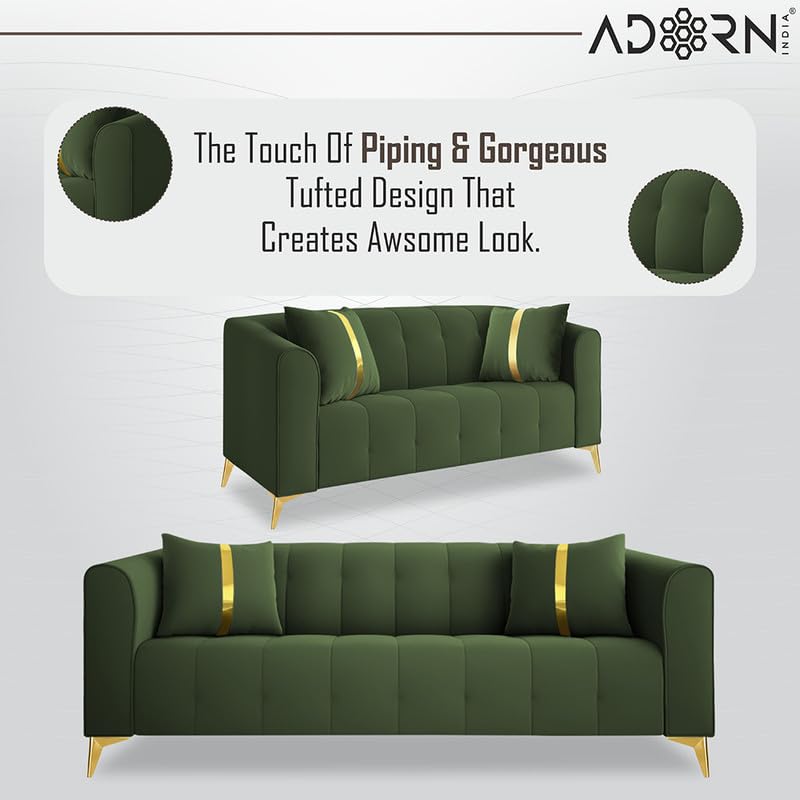 Image of Adorn India Premium Mystic - 3 Years Warranty - 3+2+1 Sofa Set Velvet Suede Fabric - Green