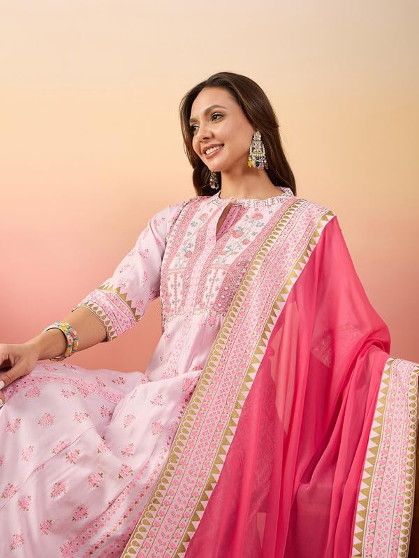 Image of Women's Pure Silk Printed Embroidery Kurta Palazzo & Dupatta Set