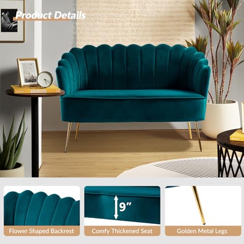 Image of HULALA HOME Modern Velvet Loveseat Sofa with Flower Shaped Back, Comfy Upholstered 2-Seater Sofa with Gold Metal Legs, Small Love Seat Accent Couch for Living Bedroom Leisure Areas, Teal