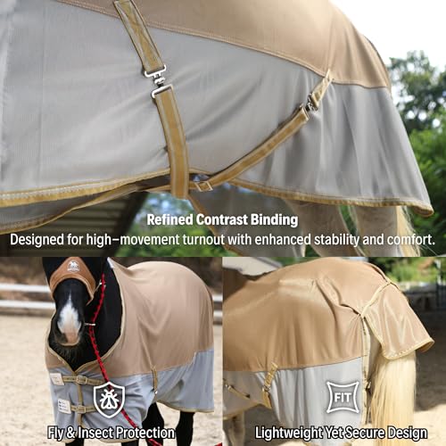 Image of BARN & STABLE Breathable and UV Protective Tear-Resistant Mesh Horse Fly Sheet Comfy Equine Summer Sheet with Removable Web Leg Straps (Gold Silver, 75 in)