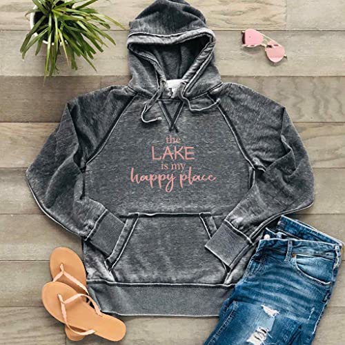 The Lake is my Happy Place Hoodie Lake Life Sweatshirt Bonfire Hoodie Soft Cozy Lightweight Burnout Hooded, Dark Grey2