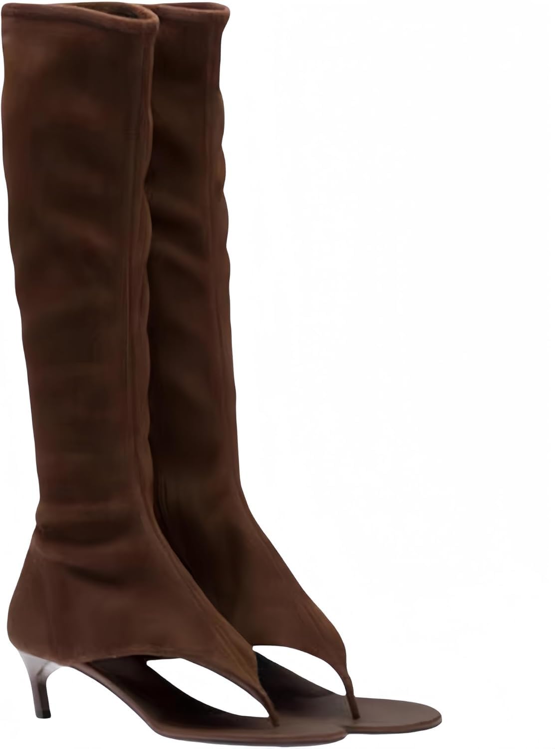 MACVISE Womens Open Toe Thong Knee High Boots with Zipper Stretch Fabric and Kitten Low Heel Tall Sandal Boots