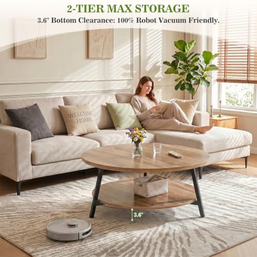 Image of Armocity 35.4 inch Round Wood Coffee Table with 2-Tier Storage, 1 inch Thick Top