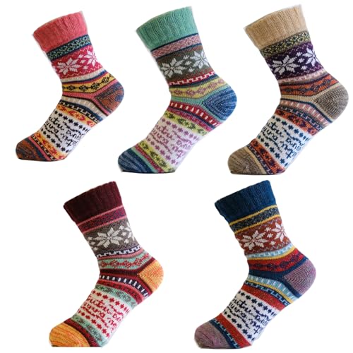 Image of 5 Pairs Cozy Socks for Women, Thick Warm Wool Knit Boots Socks for Women /Men, Women Wool Socks Vintage Winter - Soft Cozy Crew Socks.