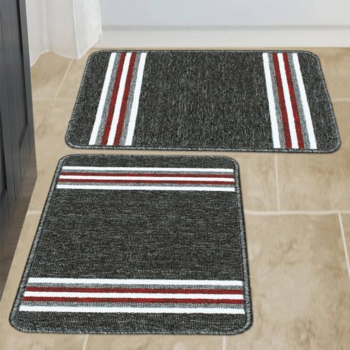 Image of Pack of 2 Nylon Bath Rug Anti-Skid Bathroom Mat | Floor Mat for Bathroom, Entrance, Kitchen, Bedroom & Office | Dark Grey Stripes Design-(37x57cm)