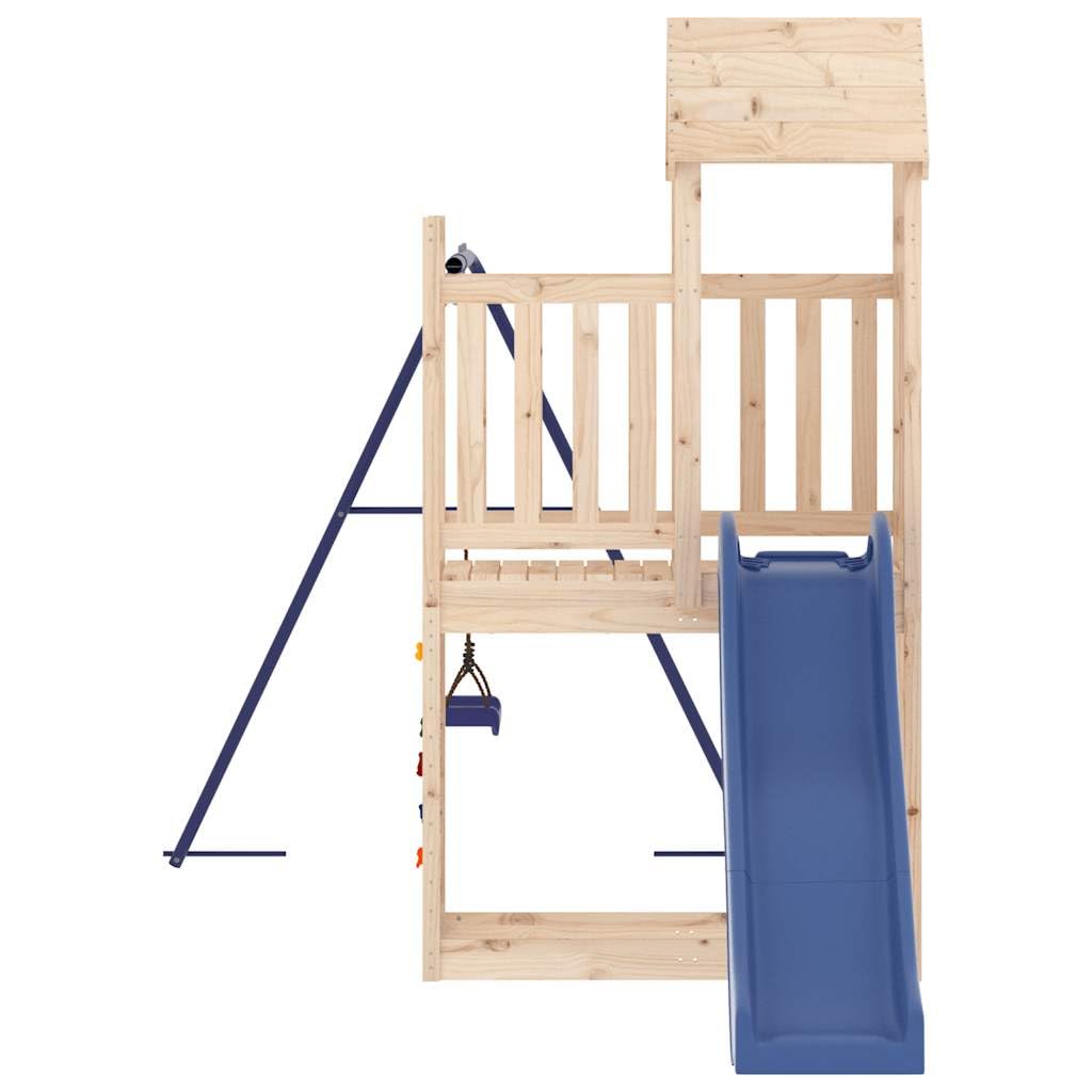Torre da gioco in legno di pino massiccio con parete da arrampicata, scivolo ondulato, altalena e sabbiera, piattaforma alta 90 cm, struttura a forma di A, ringhiera perimetrale e tetto in legno per