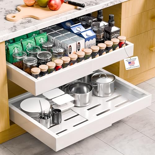 Paquete de 2 Cajones Extraibles para Cocina, ancho ajustable de 32 a 53 cm, cajones deslizables y cajón extraíble para ollas y sartenes, adhesivo sin tornillos (Blanca XD1)