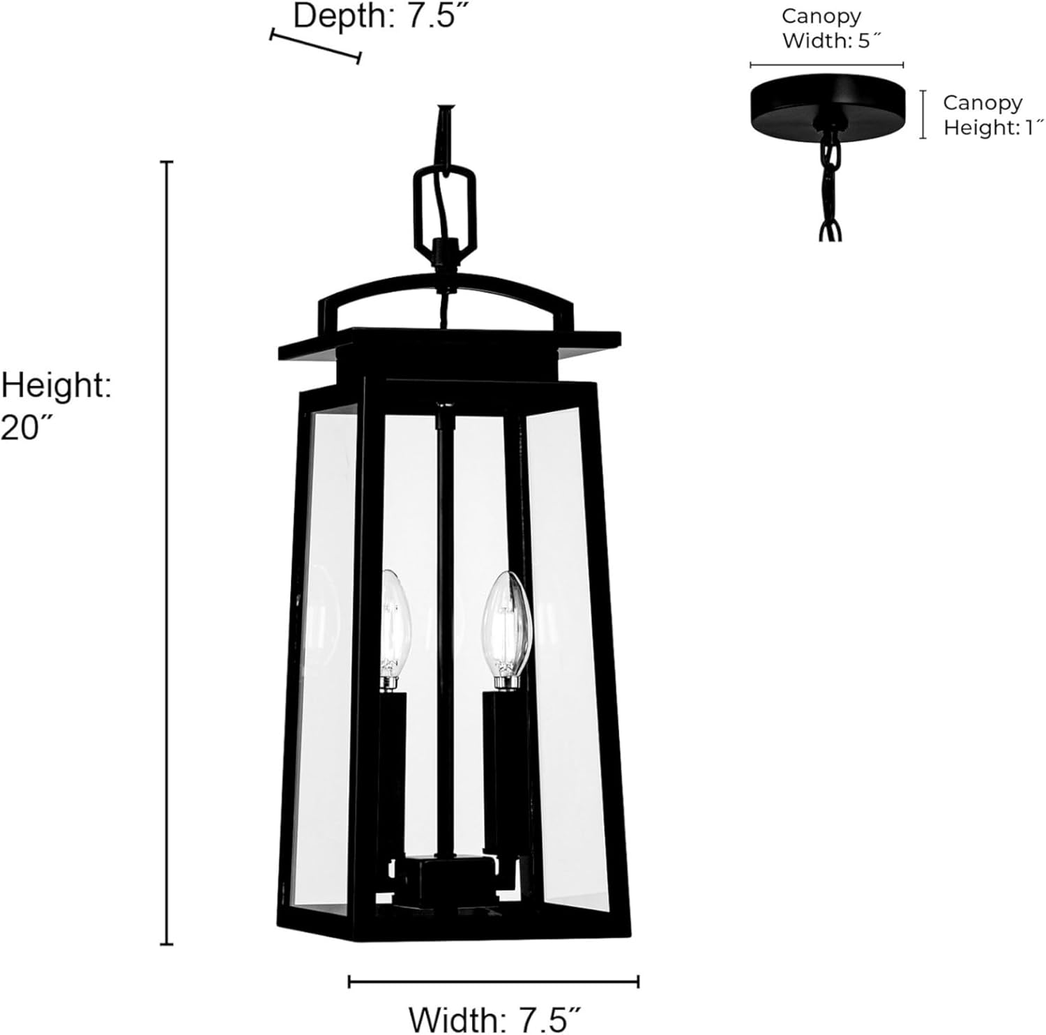 ML Lighting Kendrix 7.5" Wide 2-Light Outdoor Hanging Lantern, Powder Coated Black (Bulb Not Included)