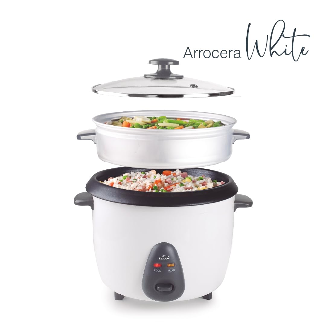 Lacor - 69441 - Arrocera Eléctrica 1 L, 5 Raciones, Antiadherente ECO, Tapa de Vidrio, Luces Indicadoras, 100% Estable, Fácil Limpieza, 100% libre de PFOA, Negro, Dimensiones: 27.5x23.5x22 cm