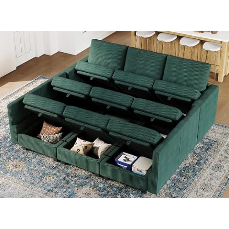 Belffin Corduroy Modular Sectional Sofa 9 Seat Convertible Sectional Sleeper Sofa Bed with Storage Ottomans Modular Sectional Couch Bed for Living Room Green