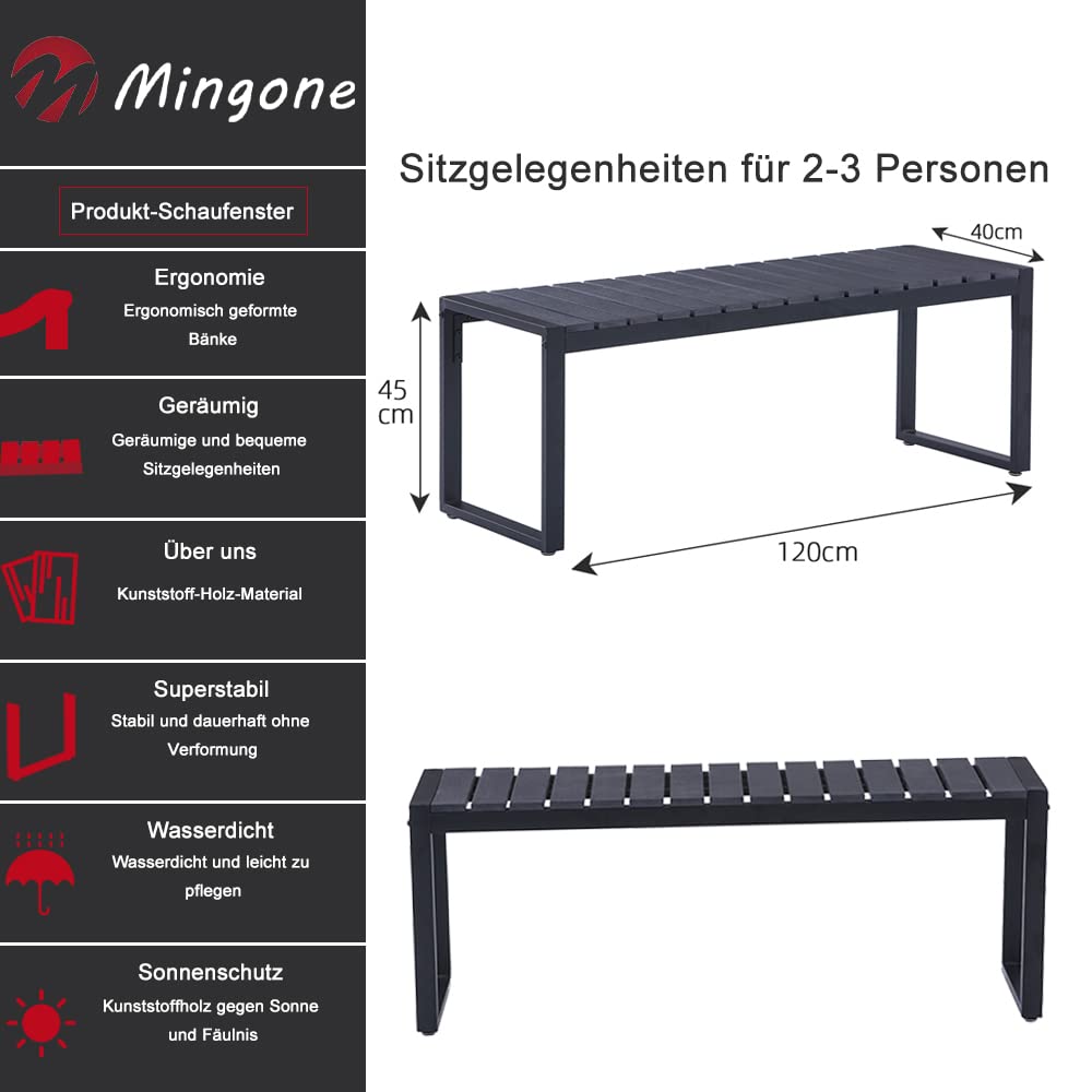 Mingone Panca da Giardino a 2 Posti Seduta in Resina Nera Panca da Esterno Gambe in Metallo Antiruggine Panca Moderna, 120cm