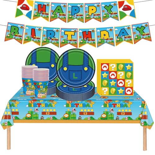Doyomtoy 62 Piece Mario Party Tableware, Mario Theme, Pull Flags, Plates, Cups, Tissues, Tablecloths, Children's Birthday Party, Birthday Tableware, (20 Guests)